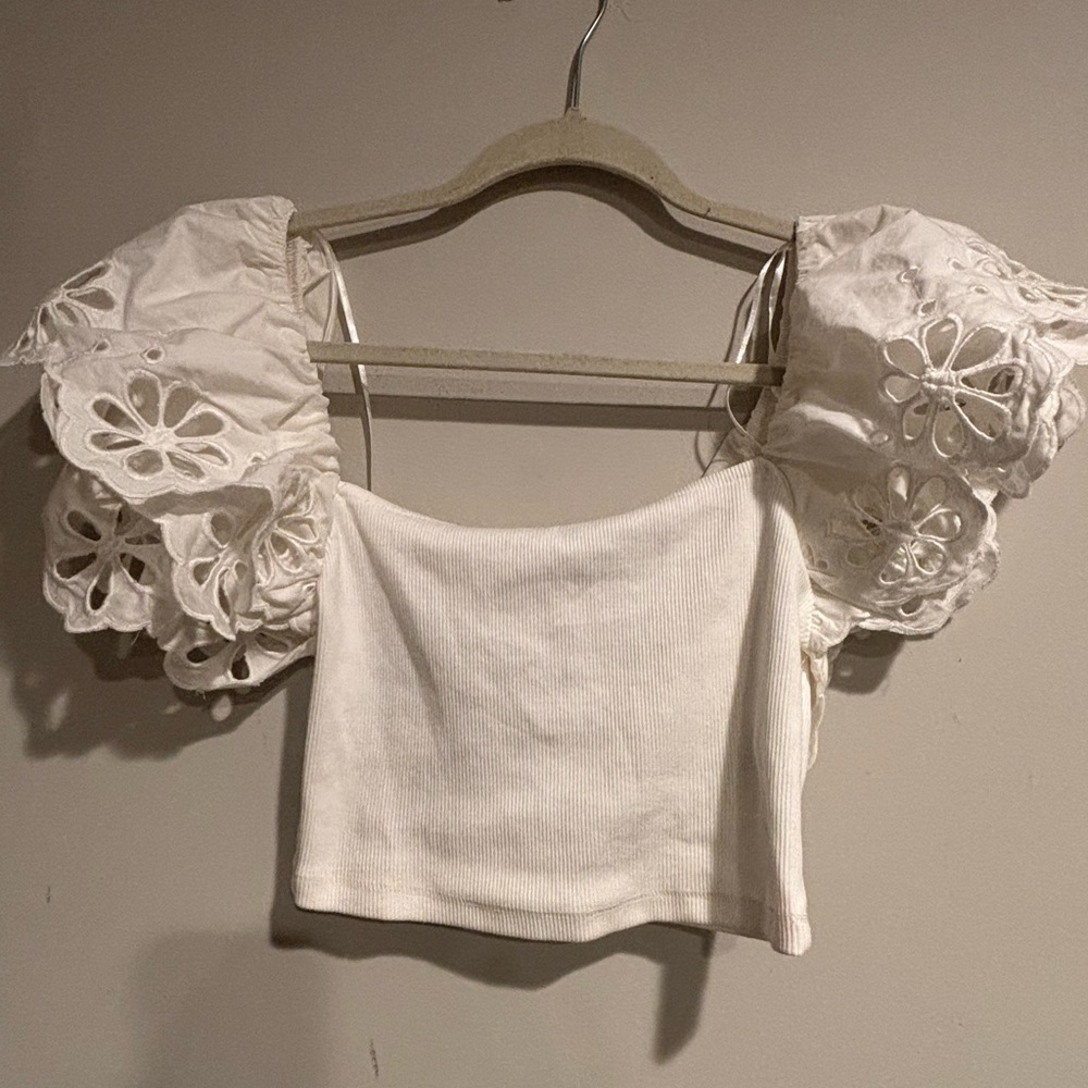 Zara White Ribbed Crop Top Eyelet Embroidered Flutter Sleeve M